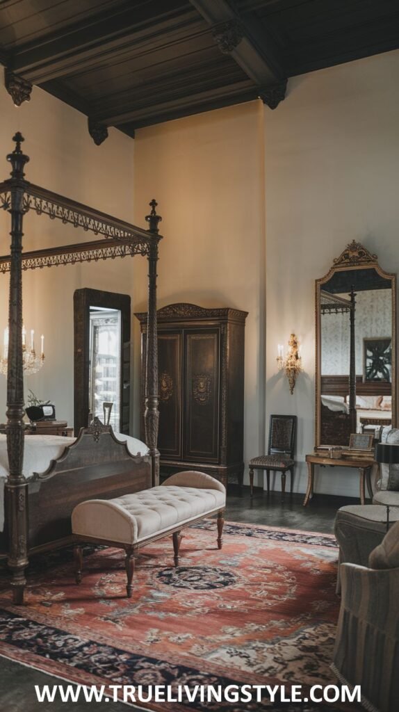 A bedroom featuring a four-poster bed, dark wood furniture, and a patterned rug.