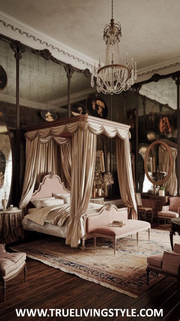 An elegant bedroom with a four-poster bed, mirrored walls, and classic furniture.