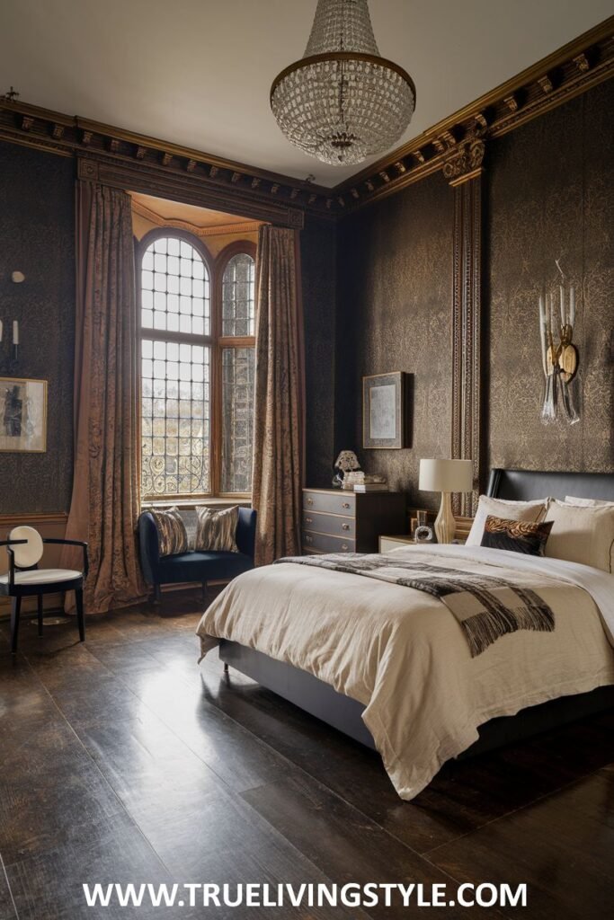 A bedroom with dark walls, a chandelier, and a window seat.