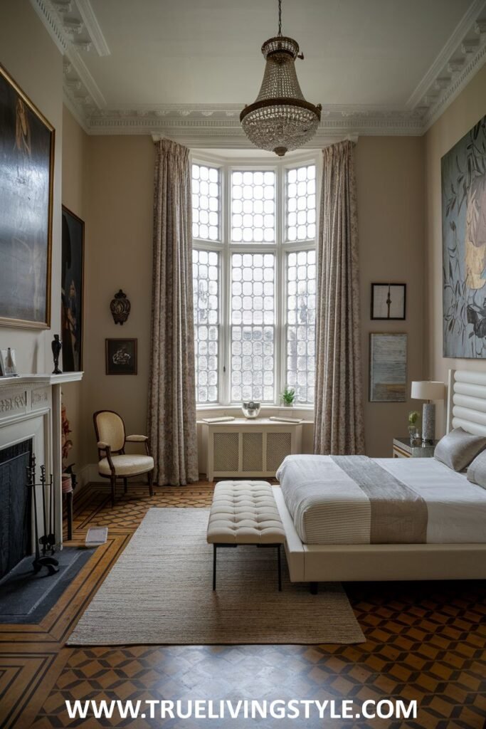 A bedroom featuring a fireplace, a bay window, and neutral decor.