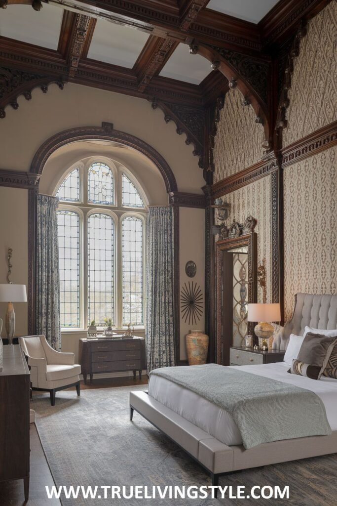 A bedroom with wood-paneled walls, a large arched window, and contemporary furniture.