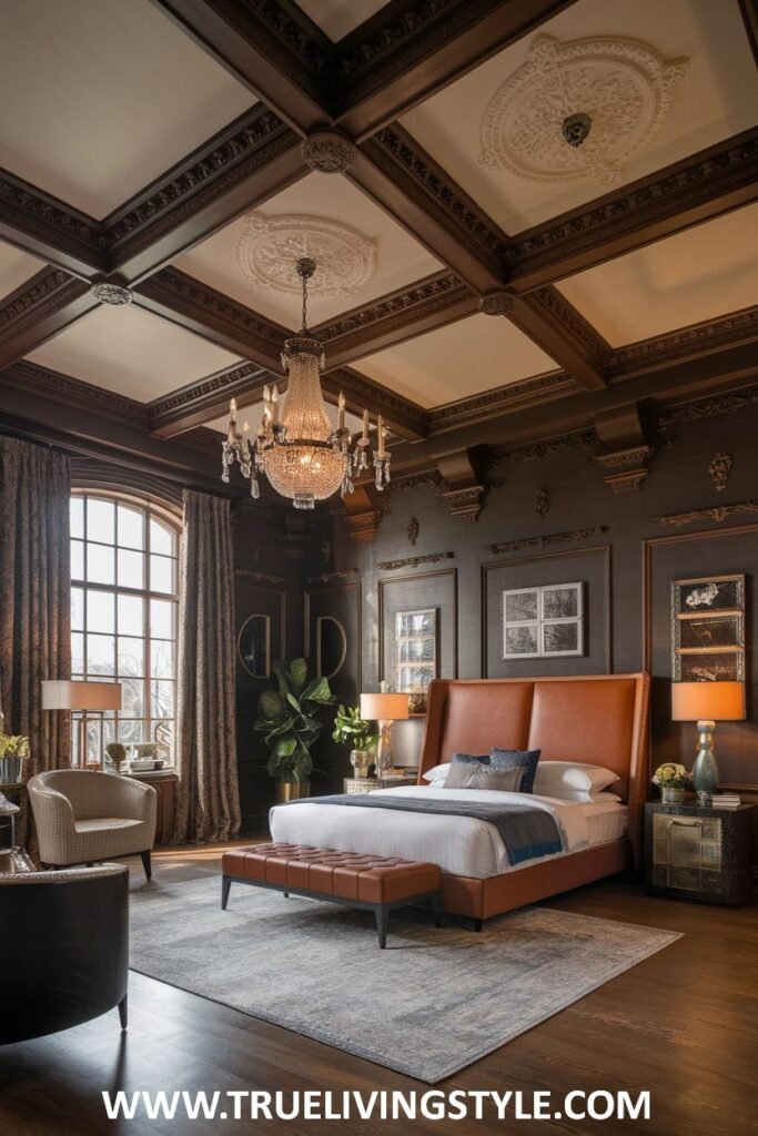 A bedroom with dark wood accents, a chandelier, and warm lighting.