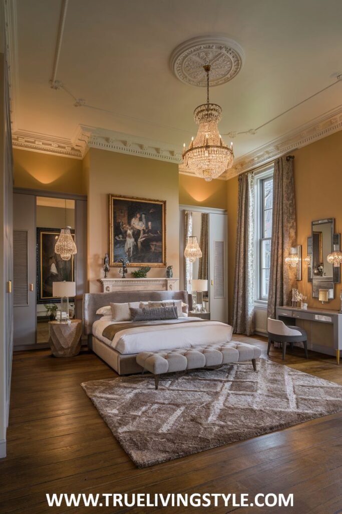 A bedroom with a chandelier, fireplace, and traditional decor.