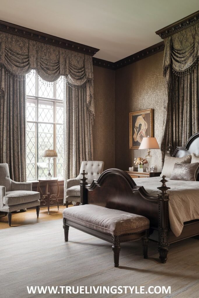 A traditionally styled bedroom with a large window and neutral color palette.