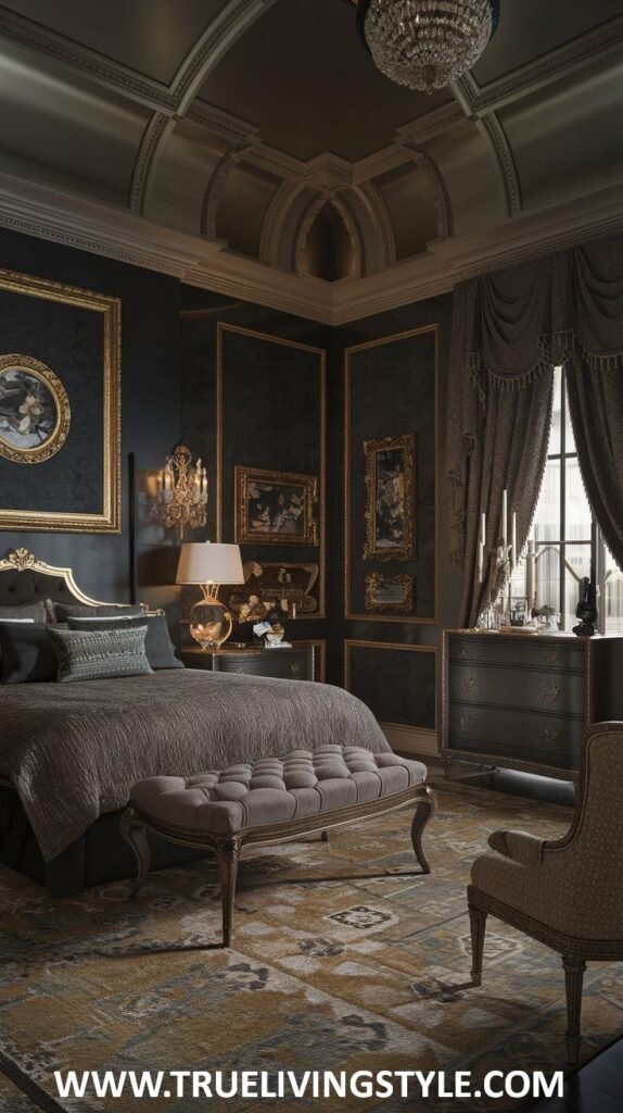 A dark and moody bedroom with gold accents, a chandelier, and traditional furniture.