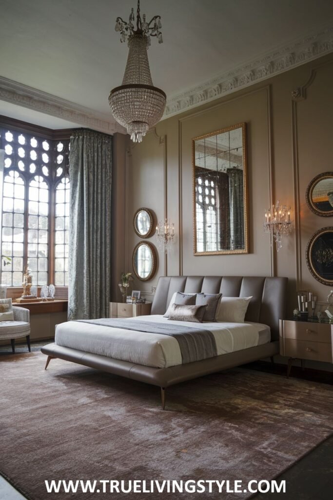 A modern bedroom with a platform bed, neutral color scheme, and chandelier.