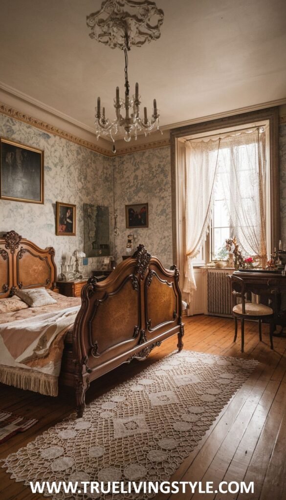 A traditionally decorated bedroom with wooden floors and a lace rug.