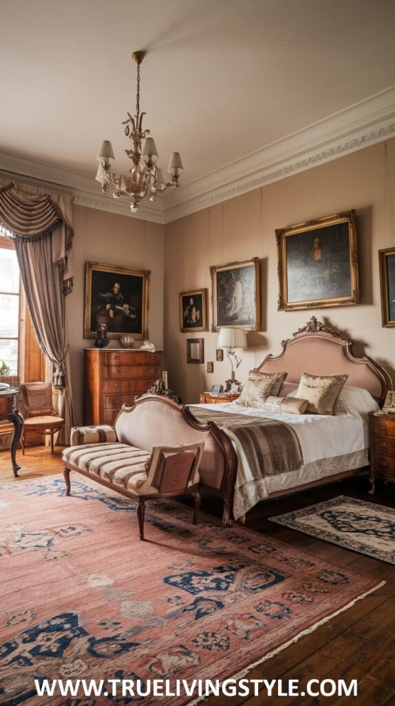 A traditionally styled bedroom with a pink accent color, artwork, and a patterned rug.