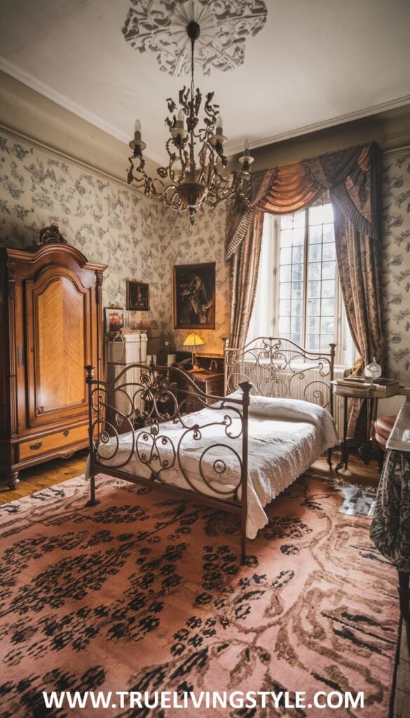 A traditionally decorated bedroom featuring a metal frame bed, patterned wallpaper, and a chandelier.