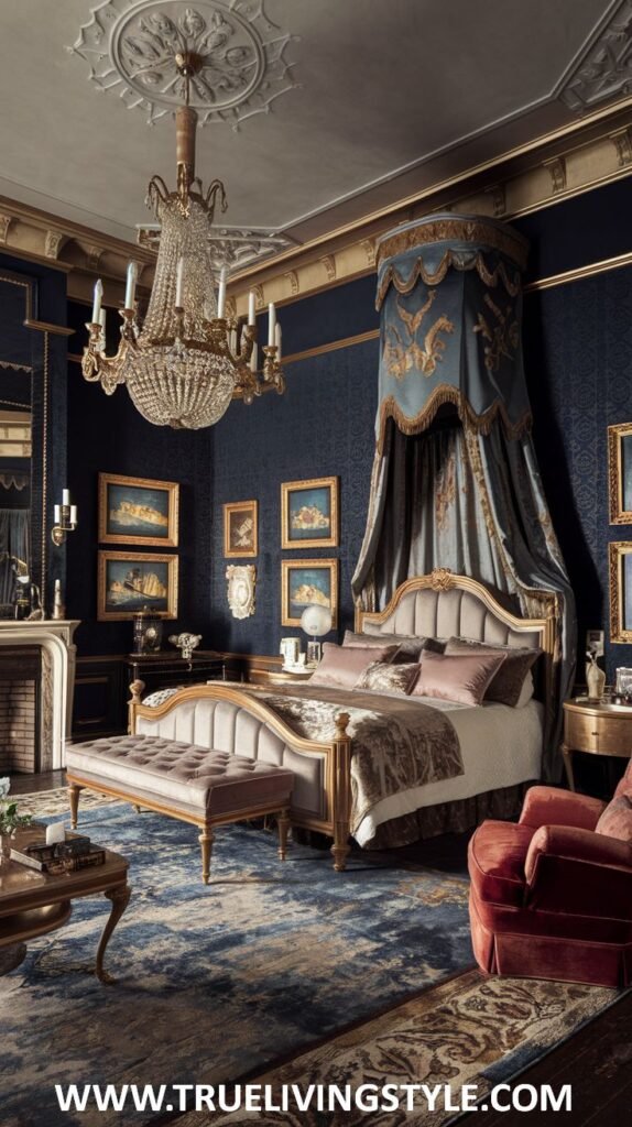 An opulent bedroom with dark blue walls, a chandelier, and a canopy bed.