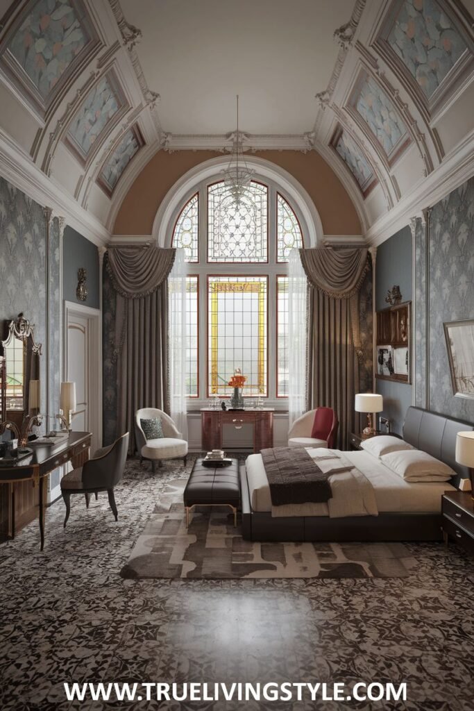 A modern bedroom with a large arched window, a chandelier, and neutral colors.