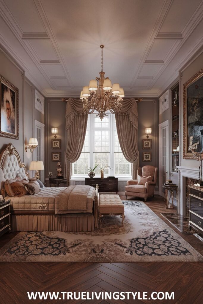 A classic bedroom design featuring a chandelier, fireplace, and traditional furniture.