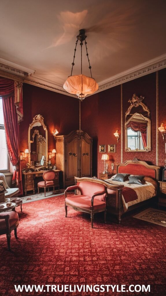 A bedroom with red walls and carpet, featuring traditional furniture and decor.