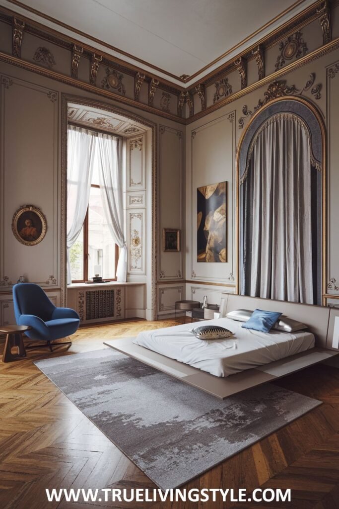 A contemporary bedroom with a platform bed, light gray color scheme, and minimalist decor.