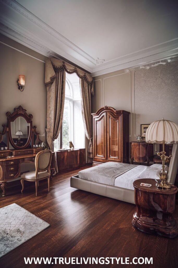 A traditionally furnished bedroom with wooden furniture and a neutral color palette.