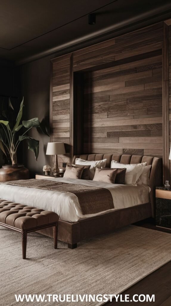 A dark earthy bedroom showcases a bed with a brown upholstered headboard and base, white and brown bedding, a brown tufted bench, and a wooden paneled wall behind the bed. A large green plant is visible in the foreground.