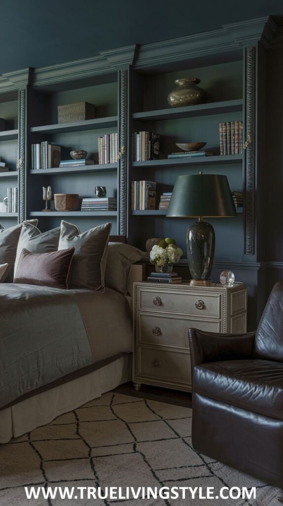 A dark earthy bedroom with dark blue built-in bookshelves features a bed with gray and brown bedding, a light-colored nightstand with a green lamp, and a dark leather armchair.