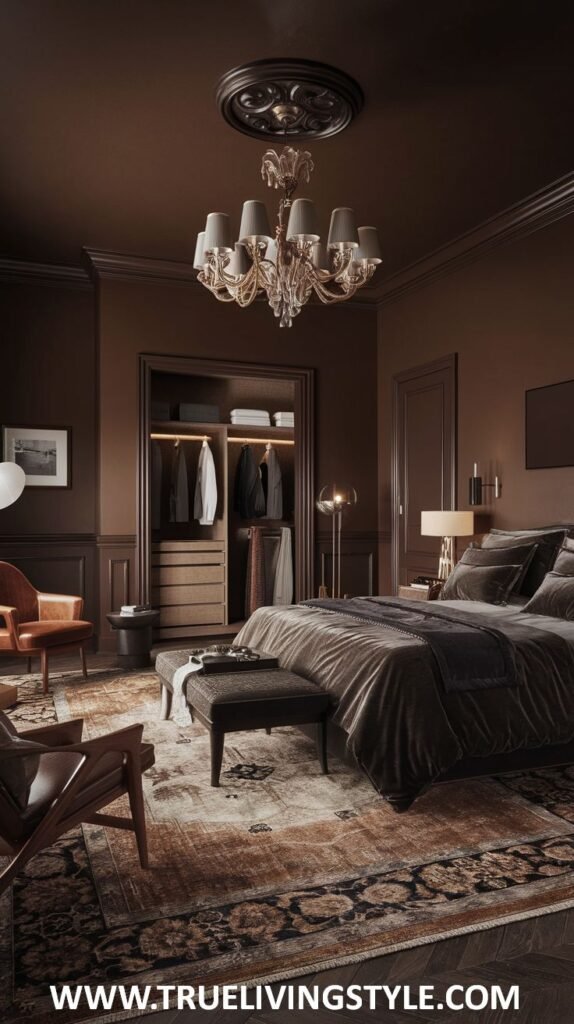 A dark earthy bedroom with dark brown walls and a decorative ceiling includes a bed with brown velvet bedding, a dark tufted bench, an open dark wood wardrobe, and two armchairs with orange and brown tones on a patterned rug and dark wood floor.