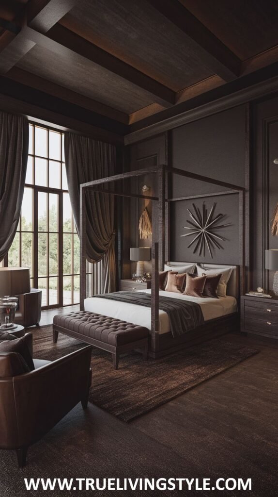 A dark earthy bedroom with dark brown walls and a wood-beamed ceiling features a dark wood four-poster bed with white and brown bedding, a brown tufted bench, a brown leather armchair, large windows with dark curtains, and dark wood flooring with a brown rug.