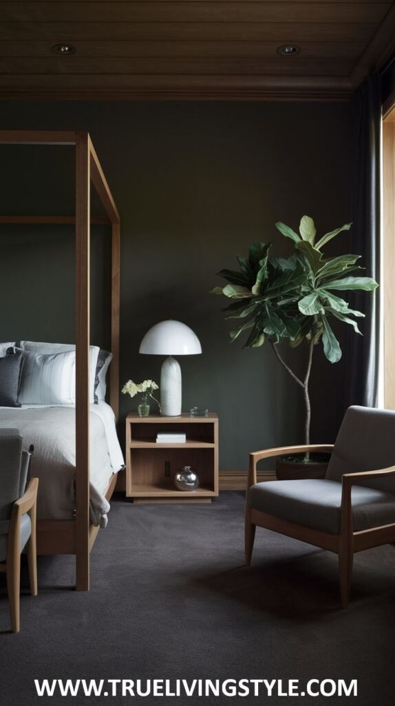 A dark earthy bedroom with dark green walls and a wood-beamed ceiling contains a light wood four-poster bed with white and gray bedding, a light wood nightstand with a white lamp, a gray armchair, and a dark rug. A large plant is visible to the right.