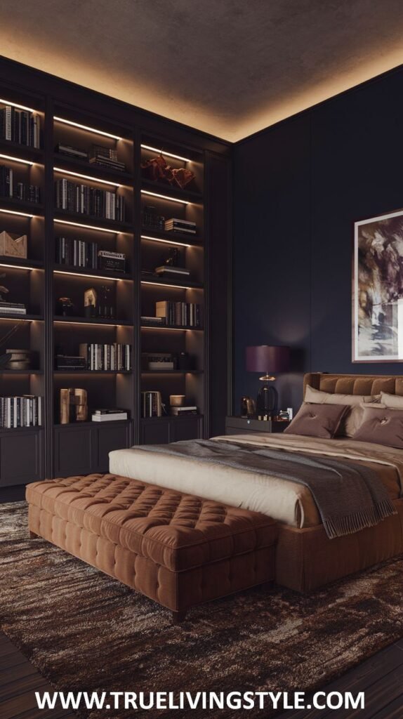 A dark earthy bedroom with dark blue walls and a light-trimmed ceiling includes a bed with brown and beige bedding, a large brown tufted bench, and floor-to-ceiling dark bookshelves with lighting.