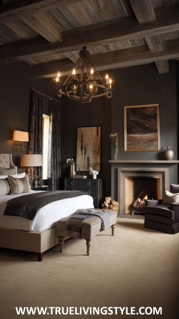 A dark earthy bedroom with dark brown walls and a light wood-beamed ceiling features a low platform bed with beige and brown bedding, a patterned bench, a fireplace, dark curtains, and a rustic chandelier.