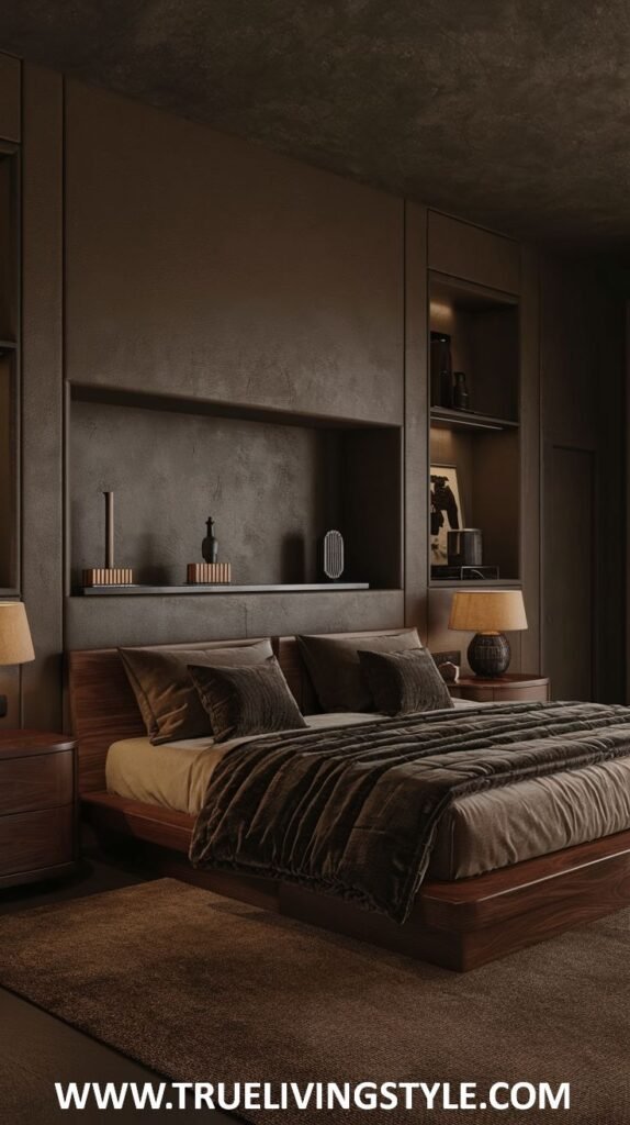 A dark earthy bedroom with dark brown walls and recessed lighting features a low wooden platform bed with brown bedding, a brown rug, and a built-in headboard with display niches.
