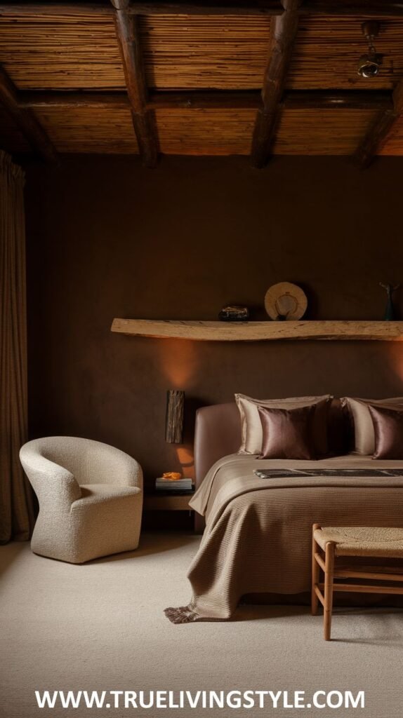A dark earthy bedroom with dark brown walls and a bamboo-style ceiling features a bed with brown and tan bedding, a light woven bench, and a light beige armchair.