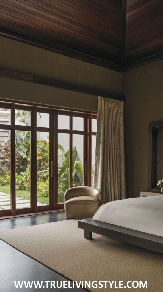 A dark earthy bedroom with dark walls and a dark wood ceiling has a low platform bed with white bedding, a light beige armchair near large windows with a view to greenery, dark wood flooring, and a light rug.
