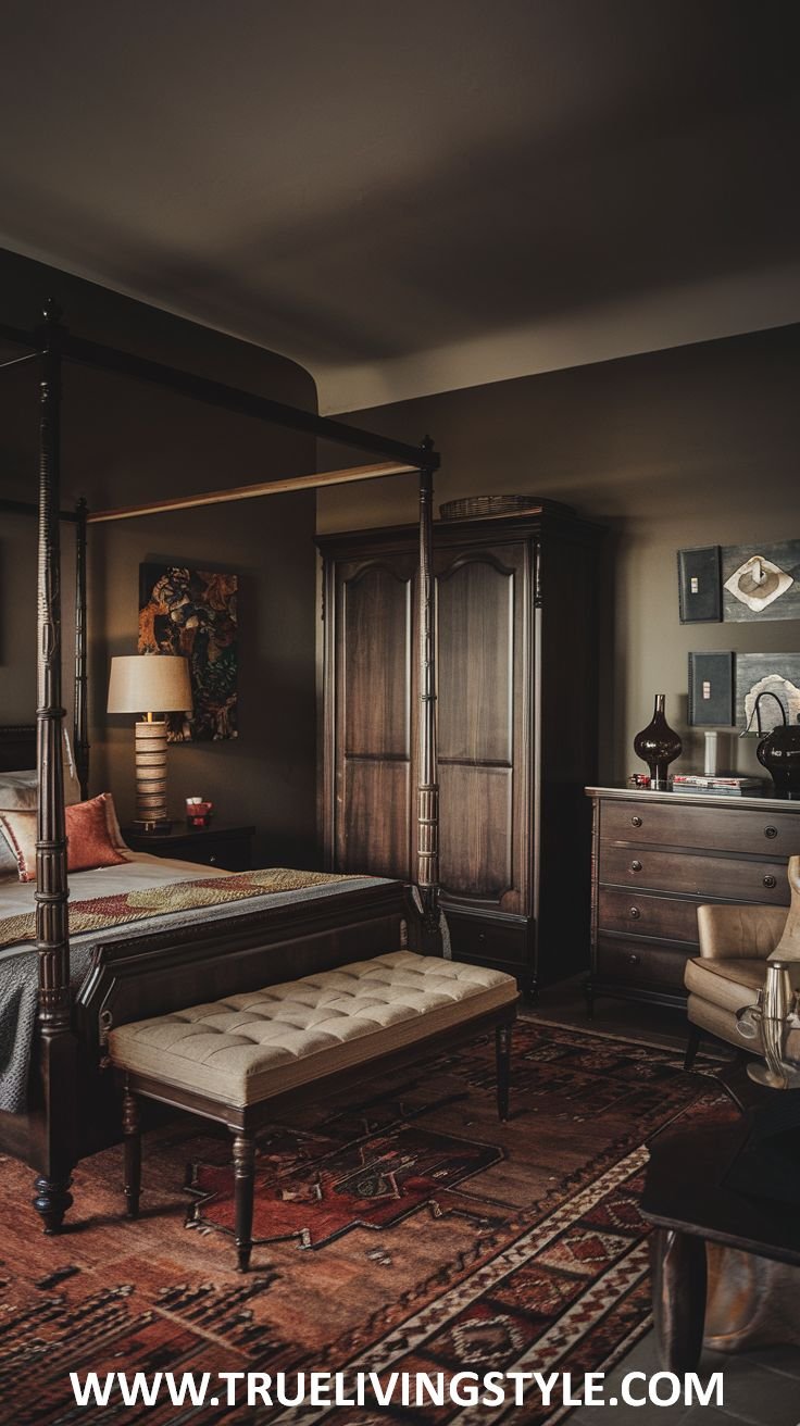 A dark earthy bedroom with dark green walls features a dark wood four-poster bed with patterned bedding, a light tufted bench, a dark wood wardrobe and dresser, and a patterned rug.