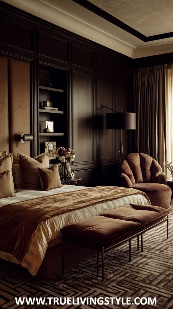 A dark earthy bedroom with dark paneled walls includes a bed with brown and beige bedding, a brown velvet bench with metal legs, a brown shell-backed armchair, and a patterned rug.