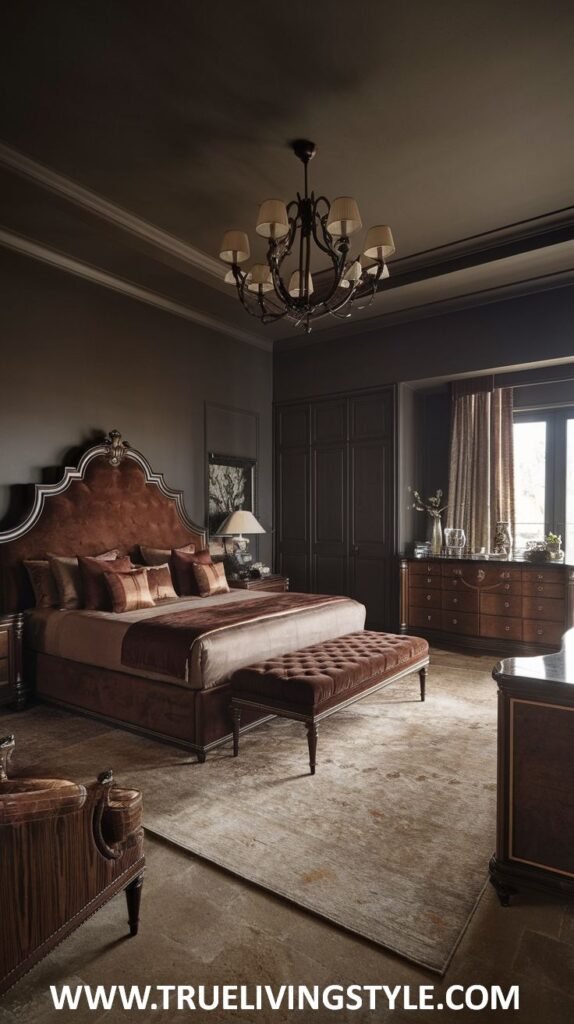 A dark earthy bedroom is furnished with a large brown velvet headboard, a bed with brown and rose-toned bedding, a matching tufted bench, a dark chandelier, and a wooden dresser.
