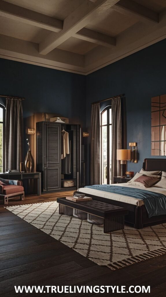 A dark earthy bedroom has deep blue walls and a lighter coffered ceiling. It contains a bed with brown and blue bedding, a dark brown tufted bench, an open dark wood wardrobe, and an armchair with orange accents.