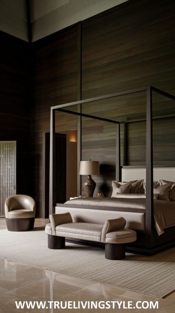 A dark earthy bedroom displays a four-poster bed with light brown bedding, a matching curved bench, a light beige armchair, dark wooden walls, and a light beige rug.