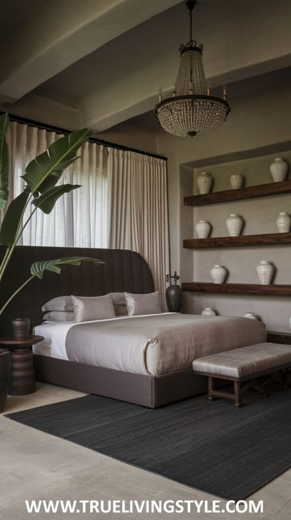 A dark earthy bedroom with dark walls and a light beamed ceiling includes a low platform bed with gray bedding, a light patterned bench, a modern chandelier, and wooden shelves with decorative vases. A large plant stands to the left.