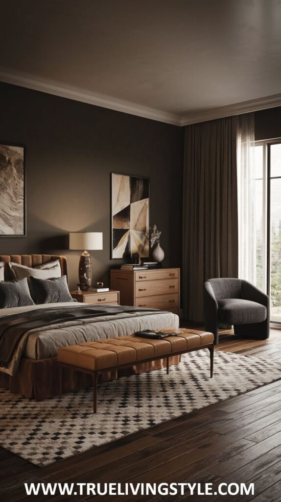 A dark earthy bedroom with dark brown walls features a bed with brown and gray bedding, a brown leather bench with metal legs, a gray armchair near a window with brown curtains, and dark wood flooring with a patterned rug.