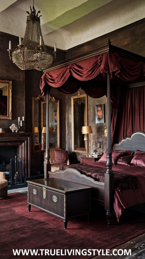 A dark earthy bedroom with dark textured walls and a partially visible green ceiling contains a dark wood four-poster bed with red and dark brown draping and bedding, a dark wood chest at the foot of the bed, a fireplace, and an ornate chandelier.
