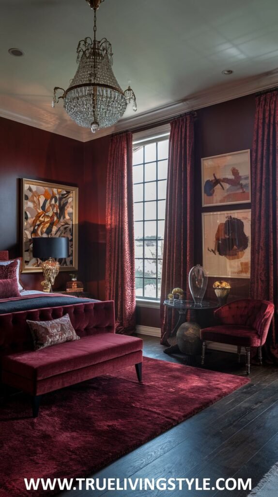 An artistic dark red bedroom showcases bold abstract artwork on the dark red walls. A red velvet bench is placed at the foot of a bed with mixed textures and patterns in the bedding. A statement chandelier with a unique design illuminates the room, and a red velvet armchair is visible.