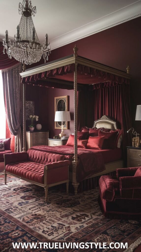 A regal dark red bedroom is inspired by royalty, featuring a majestic four-poster bed draped in luxurious red fabrics and accented with gold finishes. Rich red velvet upholstery is used for the bedding and a bench at the foot of the bed.