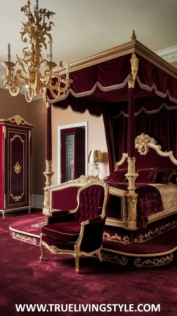 A Baroque dark red bedroom immerses in opulence with dark red walls and a lavish canopy bed featuring intricate gold carvings. Ornate gilded furniture with deep red upholstery complements the bed. A dramatic gold chandelier hangs from the ceiling, and luxurious velvet and brocade textiles are used for the bedding and a nearby wardrobe.