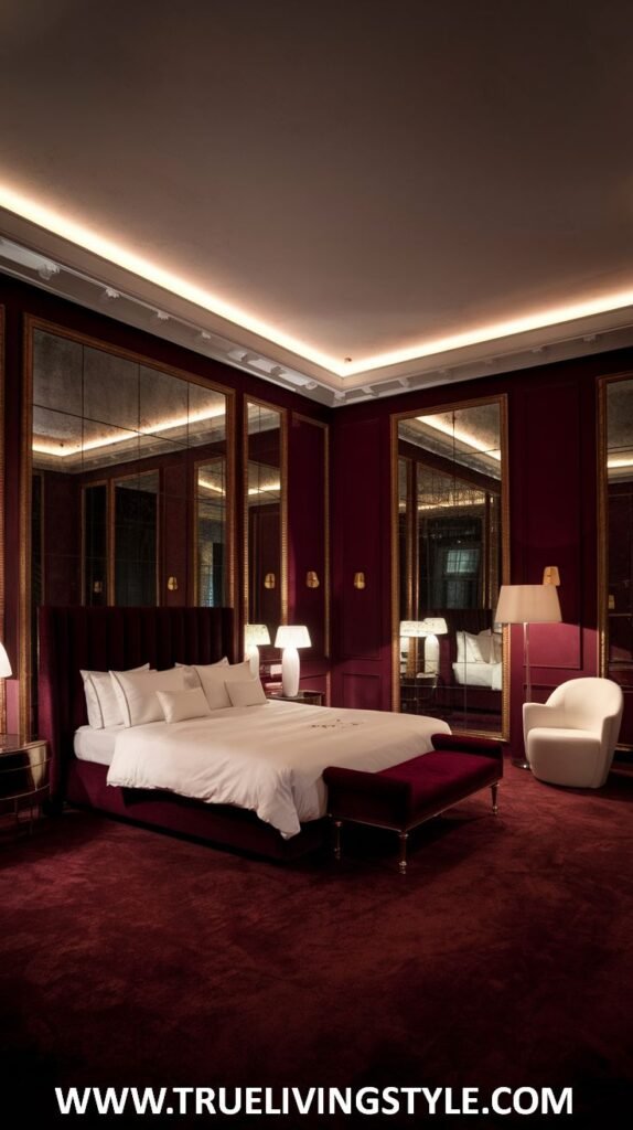 A contemporary dark red bedroom achieves a chic and modern look with dark red walls and expansive floor-to-ceiling mirrors. Subtle ambient lighting highlights the room's features. Minimalist furniture with clean lines and dark finishes is used, and the bedding is simple and elegant in contrasting light colors.