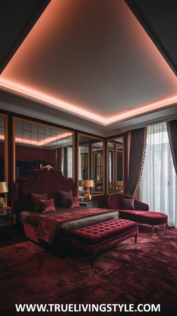 An elegant dark red bedroom features mirrored wall sections that add depth and light to the space. A comfortable dark red chaise lounge is included as a stylish seating option near a bed with luxurious red bedding and subtle patterns. Ambient lighting enhances the sophisticated mood.