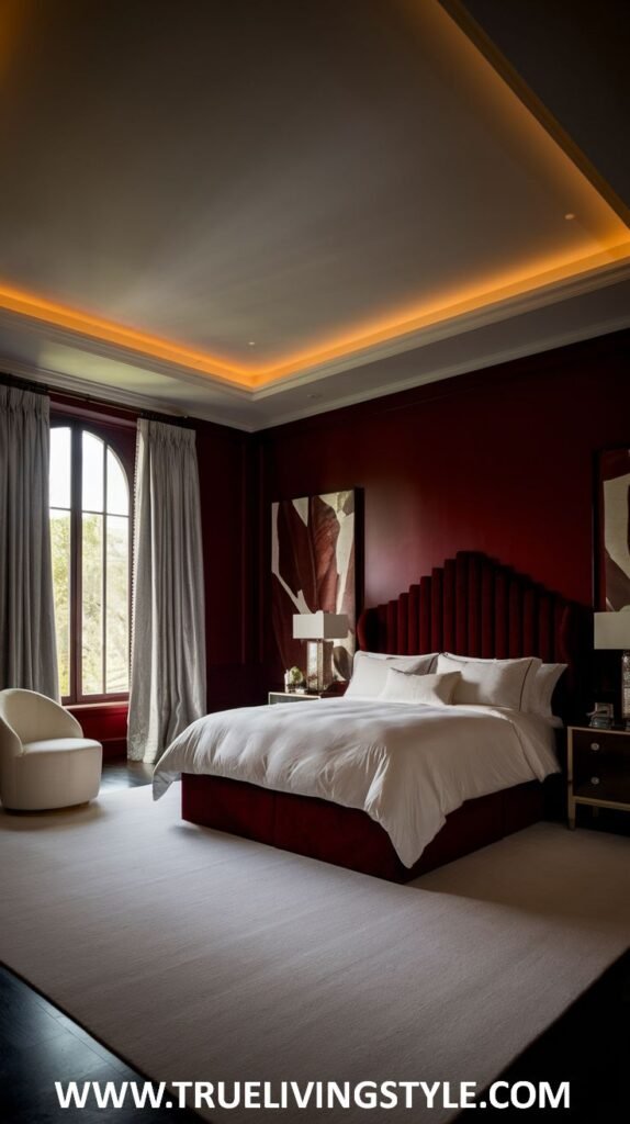 A serene dark red bedroom offers tranquility with minimalist decor and soft, indirect lighting. A low platform bed with simple, elegant light-colored bedding contrasts the deep walls. Clutter is minimized, and essential furniture pieces with clean lines are used. Warm, diffused lighting creates a relaxing atmosphere.