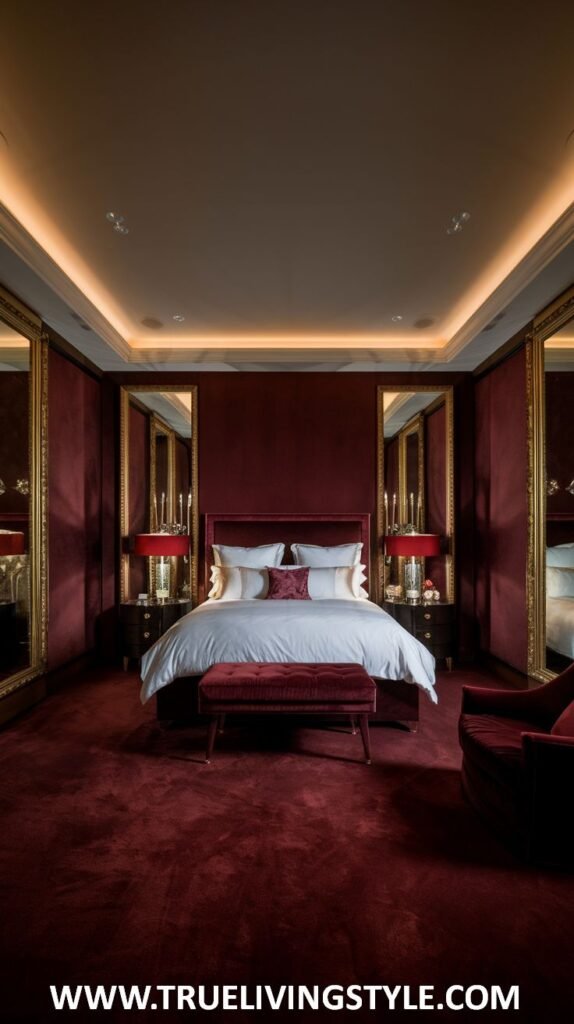 A refined dark red bedroom presents large, framed mirrors that enhance the sense of space. Plush red velvet accents are incorporated in a bench at the foot of the bed and potentially in a visible armchair. Elegant bedside lamps provide soft and focused lighting, and the bedding is light-colored with red accents.