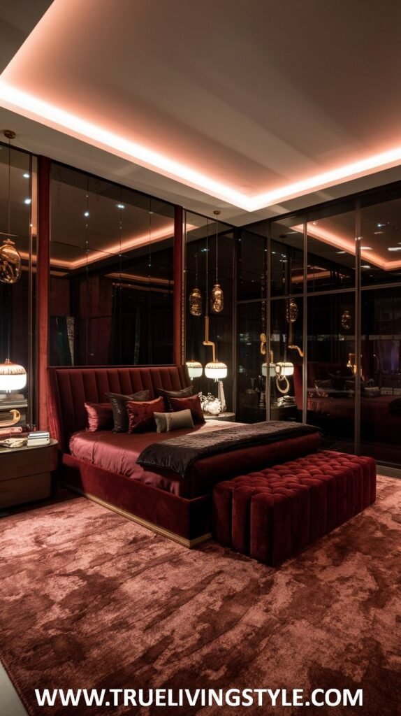 A modern dark red bedroom showcases pendant lighting and mirrored wardrobe doors. A modern bed frame with a dark upholstered headboard is featured, along with plush dark red textiles for the bedding and a tufted bench at the foot of the bed. Strategic lighting creates a stylish and functional space.