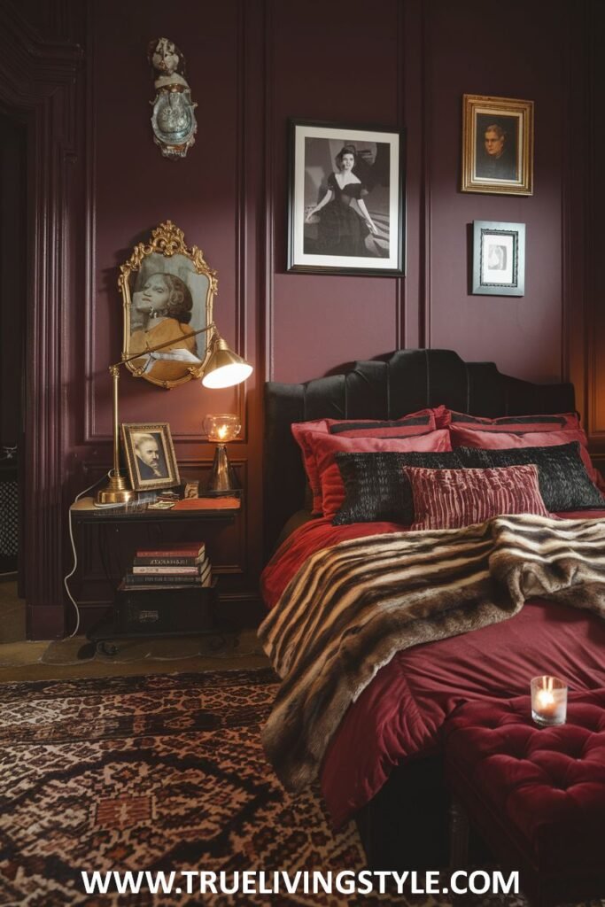 A cozy dark red bedroom showcases an eclectic mix of decor, including framed portraits and a gold-toned antique-style lamp on a bedside table. A patterned rug in warm tones covers the floor, and the bed features soft, layered bedding in shades of red and black.
