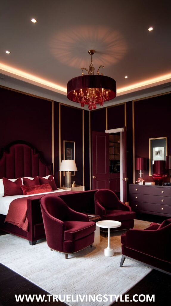 A luxurious dark red bedroom is designed with multiple comfortable seating options, including red armchairs around a small table. A statement red chandelier serves as a central focal point. Rich dark red hues cover the walls, furniture, and textiles. Elegant bedside tables with lamps flank the bed.
