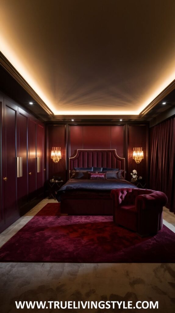 A sophisticated dark red bedroom features paneled walls in a deep red hue and a luxurious tufted red armchair as a stylish accent piece. Rich, dark bedding with subtle patterns adorns the bed, and elegant wall sconces provide ambient lighting. A glimpse of a dark wardrobe is also visible.