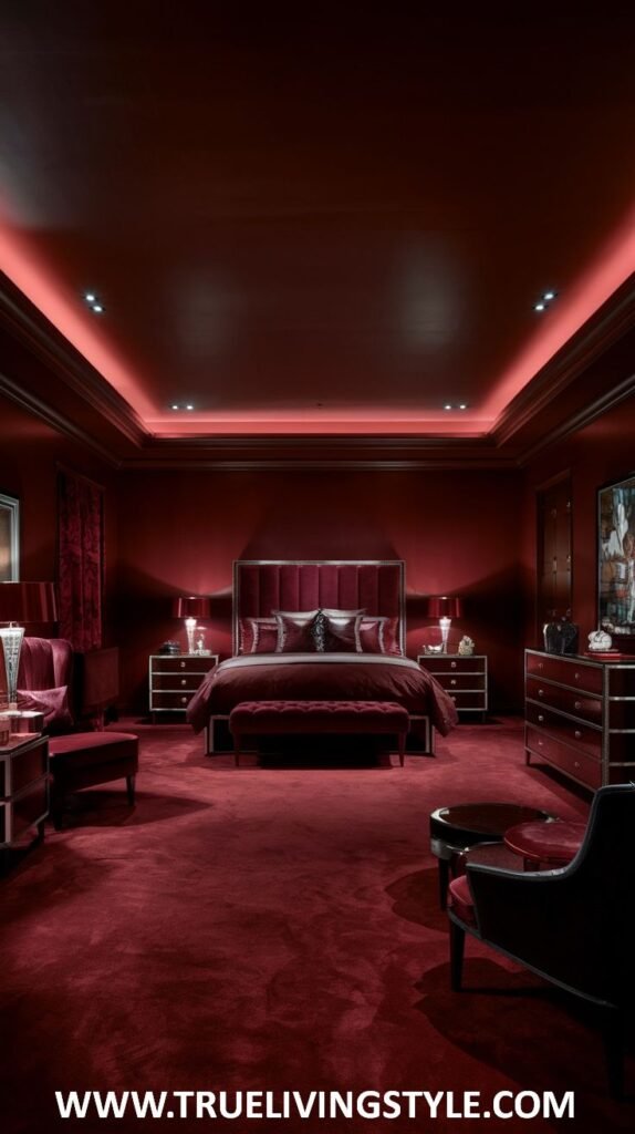 A dramatic dark red bedroom creates a balanced look with a symmetrical furniture arrangement around a bed with rich, dark bedding. A plush, deep red rug enhances the luxurious feel of the room. Ambient and accent lighting are used to create depth and mood.