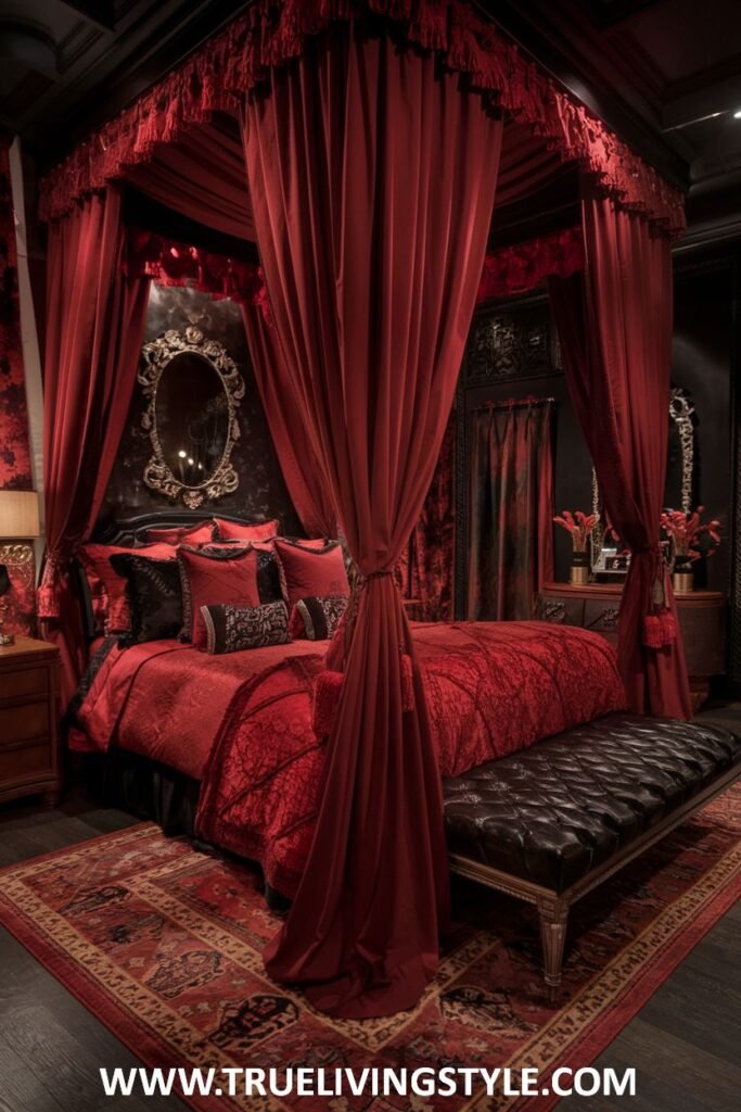 An opulent dark red bedroom indulges in grandeur with a striking dark red canopy bed featuring intricate detailing and tied-back red drapery. Layered patterned textiles in shades of red and black create a rich look. Dark wooden furniture and accents complement the deep red, and statement lighting fixtures enhance the dramatic atmosphere.